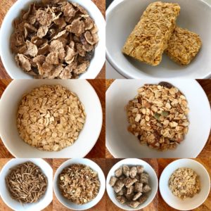 Photos of 40g serves of breakfast cereals to plan meals (600kJ)