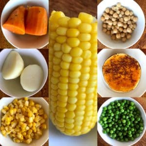 1 serve carb (450kJ) including starchy vegetables like 1/2 cob corn, 1/2 cup chickpeas, 3/4 cup peas or potato or pumpkin, 2/3 cup corn