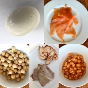 1 small serve protein rich foods including smoked salmon, 1/3 cup chickpeas or baked beans, 1 egg, 40g (300kJ)