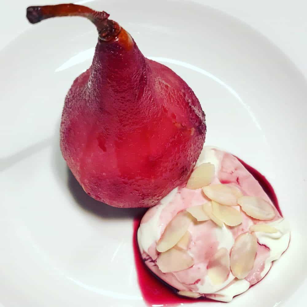 Poached Pears in Red Wine with Cheesecake Cream